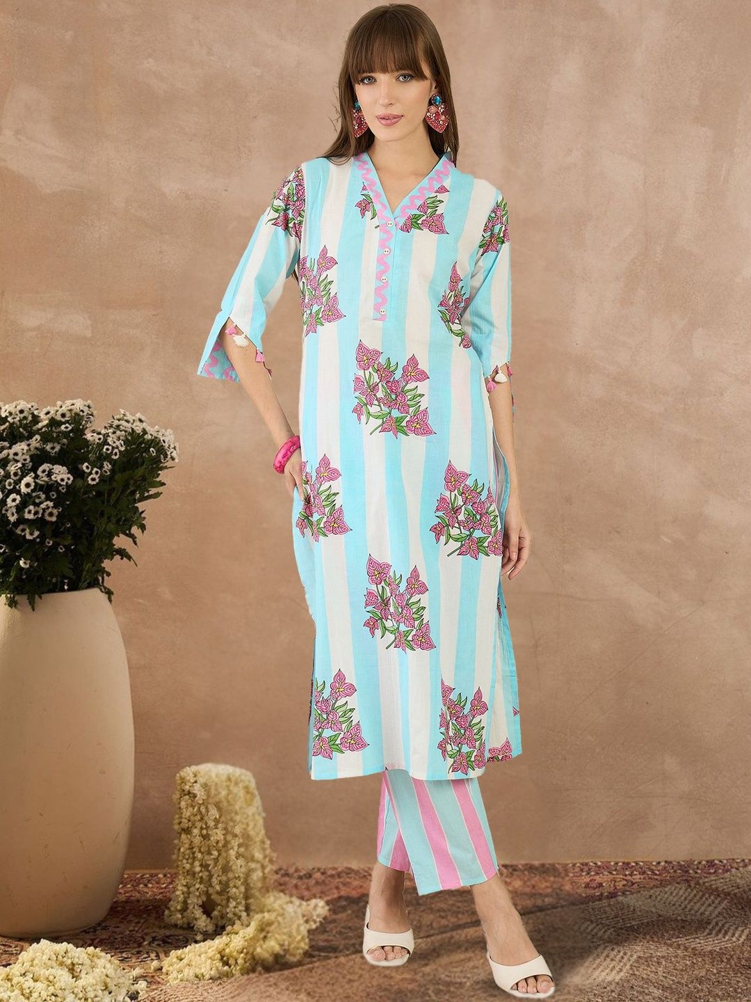 Dhiyona IE Women Printed Regular Pure Cotton Kurta with Trousers