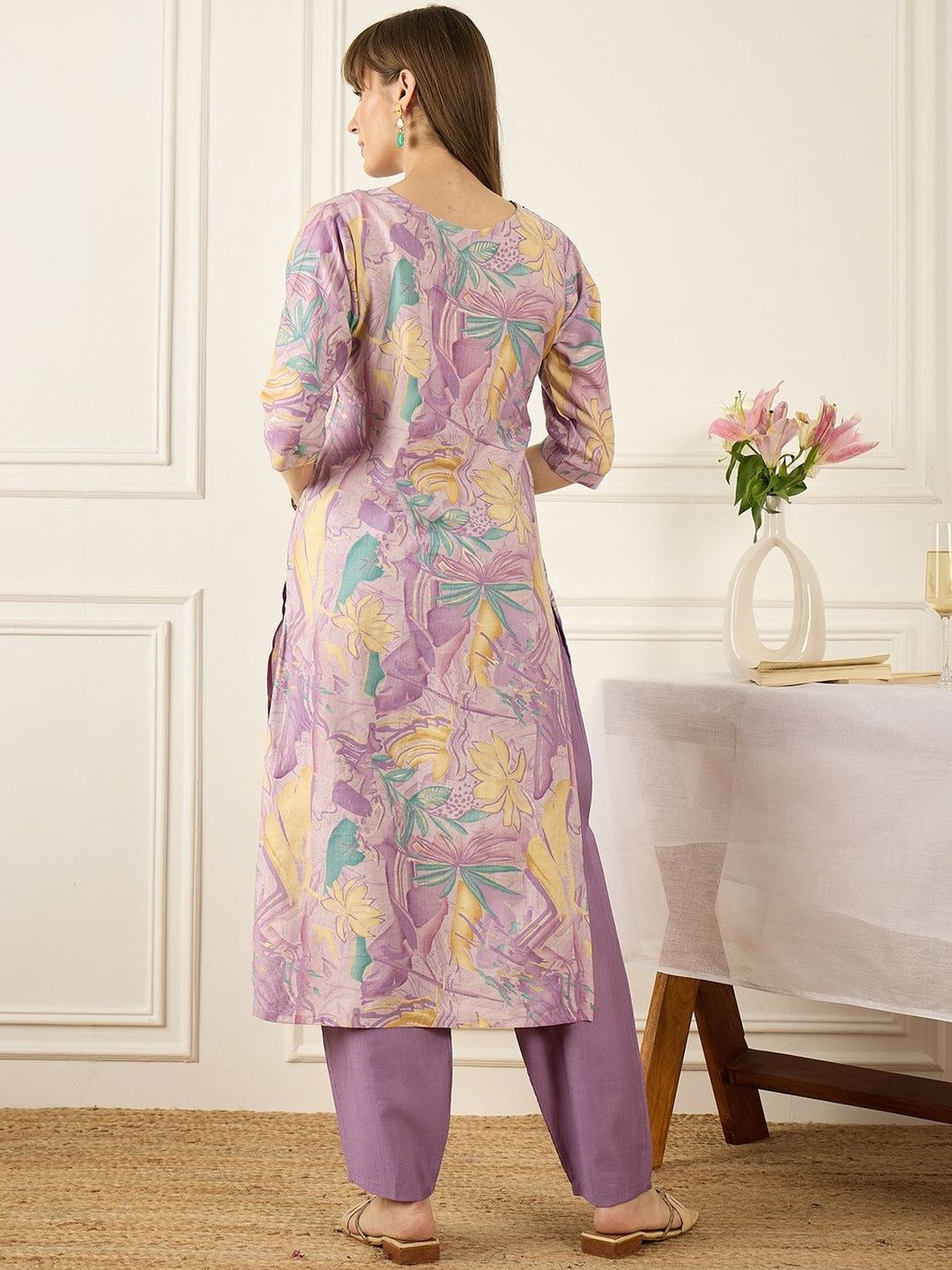 Floral Printed Thread Work Pure Cotton Kurta With Palazzos