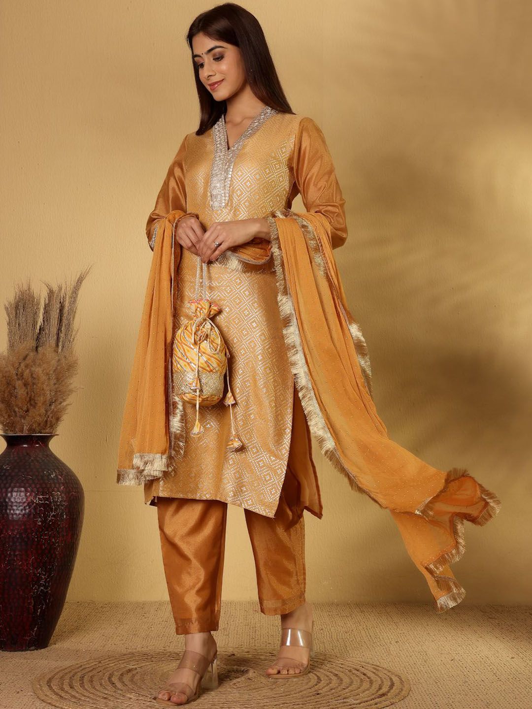 Dhiyona PD Women Woven Design Straight Kurta With Trouser And Dupatta