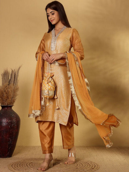 Dhiyona PD Women Woven Design Straight Kurta With Trouser And Dupatta