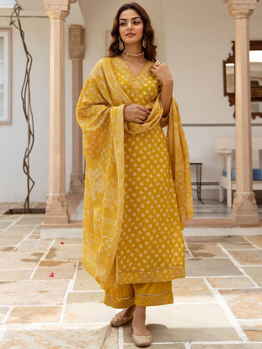 Dhiyona IS Women's Ethnic Motifs Printed Beads & stones Straight Kurta With Palazzos & Dupatta