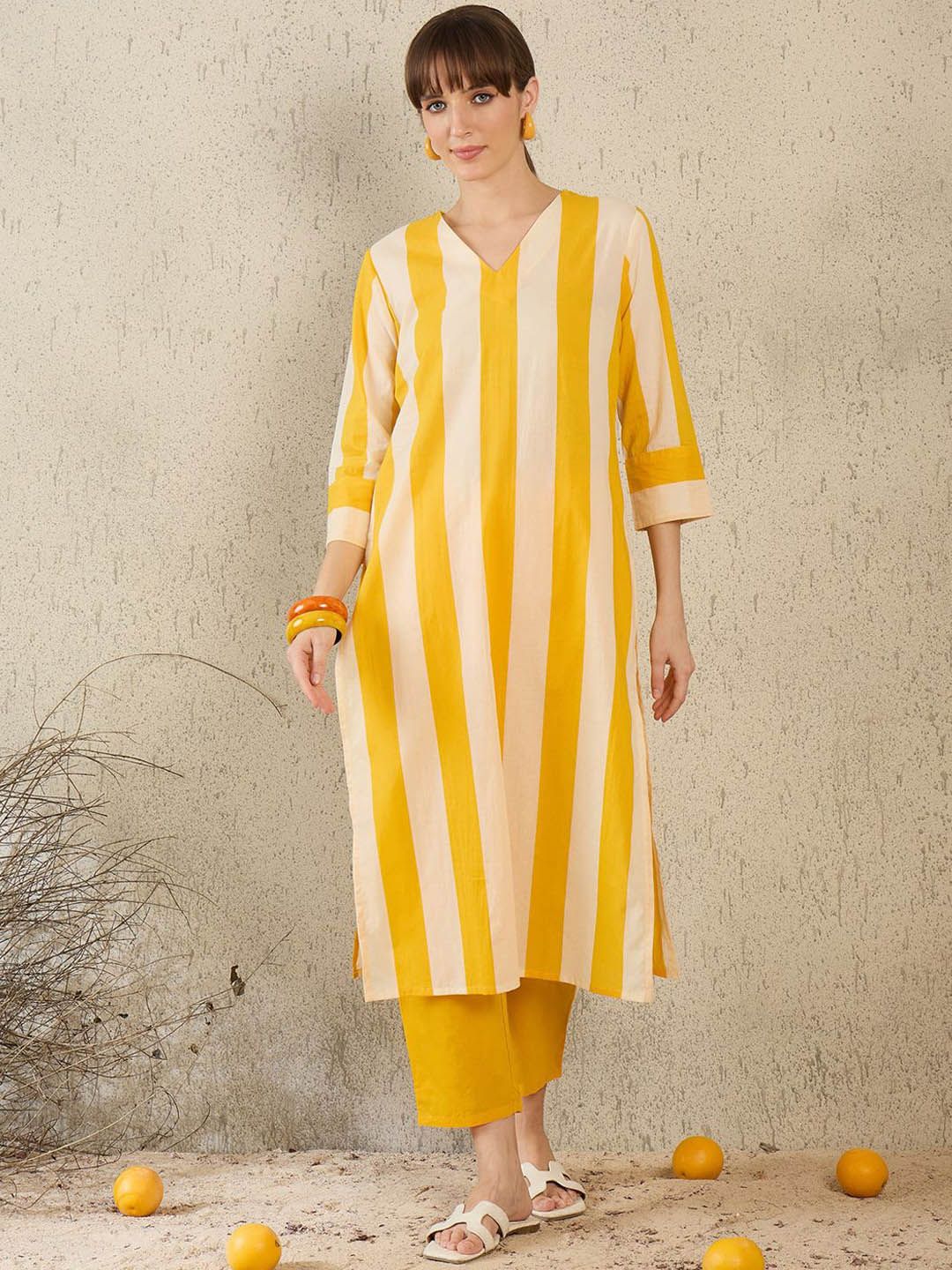 Dhiyona IE Women Striped V-Neck Cotton Tunic and Trousers Co-Ords