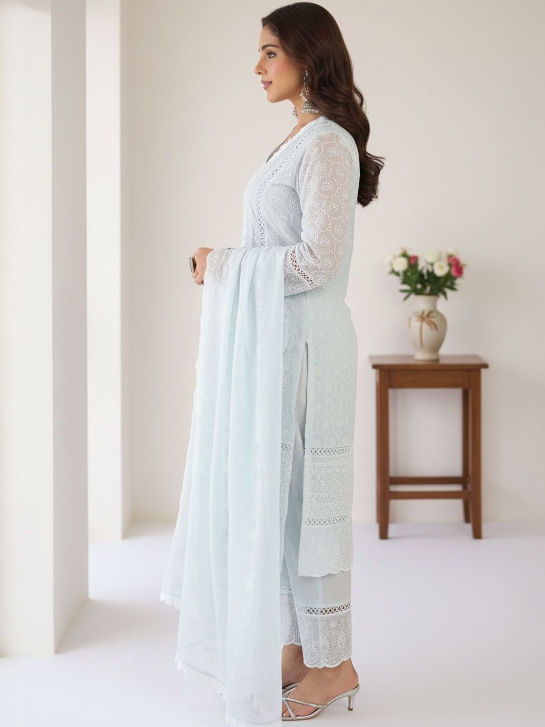 Women Ethnic Motifs Embroidered Regular Chikankari Pure Cotton Kurta with Trousers & With Dupatta
