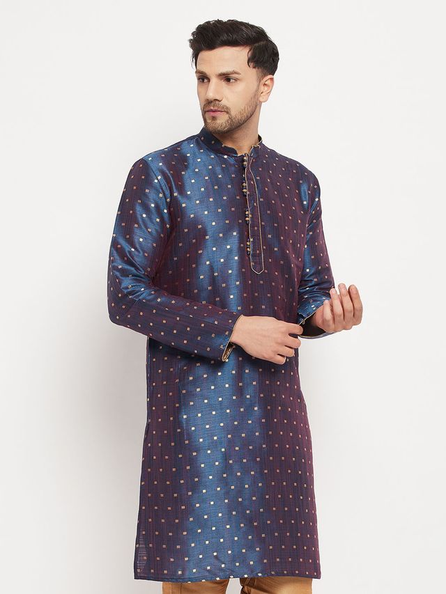 Men's Blue Silk Blend Straight Kurta Pyjama Set