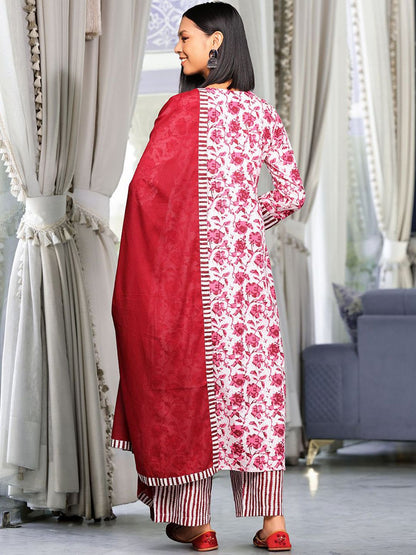 Dhiyona VA Women's Printed Pleated Thread Work Pure Cotton Kurta with Palazzos & With Dupatta