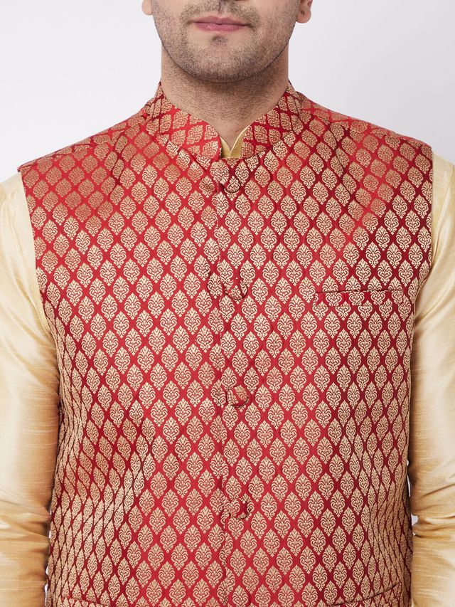 Men's Gold Silk Blend Straight Jacket  Kurta and Dhoti Set