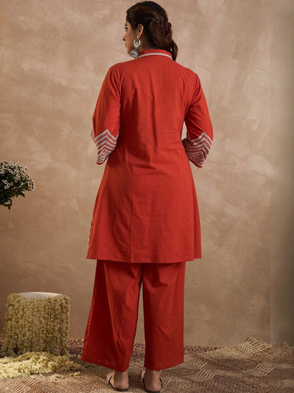 Geometric Embroidered A-Line Thread Work Pure Cotton Kurta With Palazzos