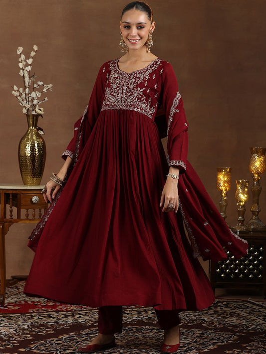 Dhiyona LB Women's Floral Yoke Design Zari Anarkali Kurta with Trousers & Dupatta
