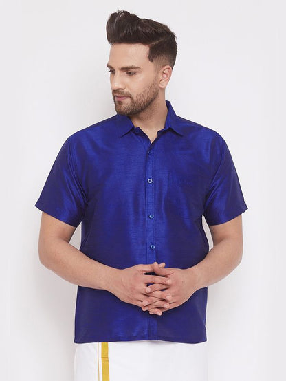 Men's Blue Silk Blend Straight Shirt And Mundu