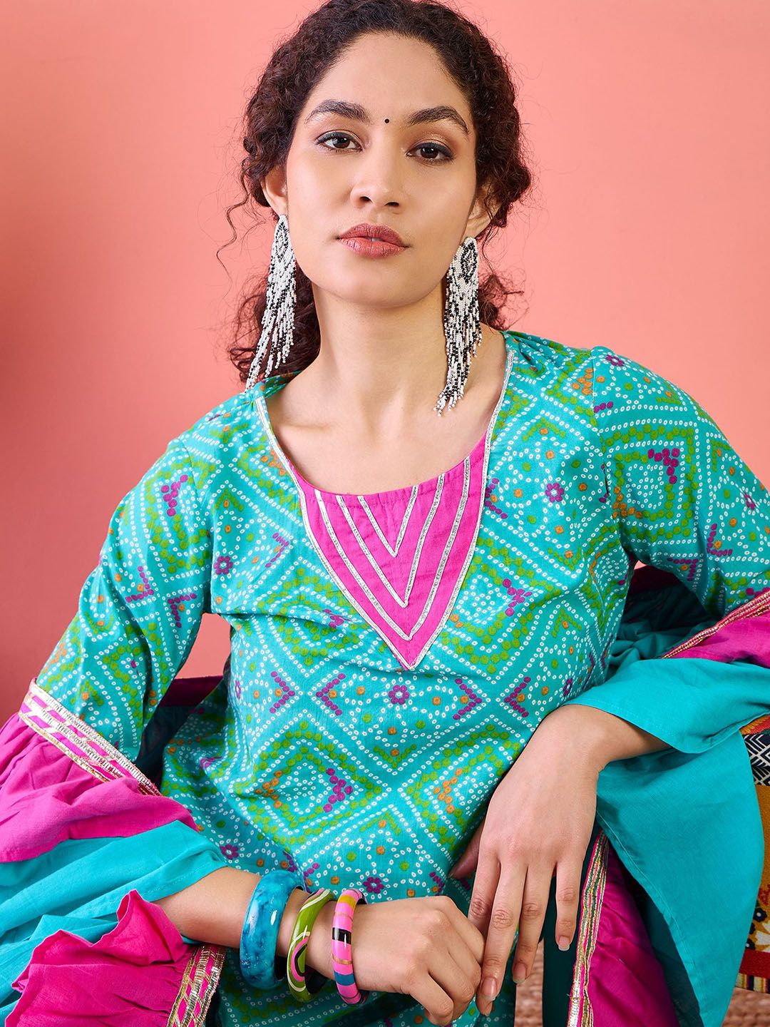 Dhiyona SN Women's Bandhani Printed Pure Cotton Round Neck Kurta With Trousers & Ruffled Dupatta