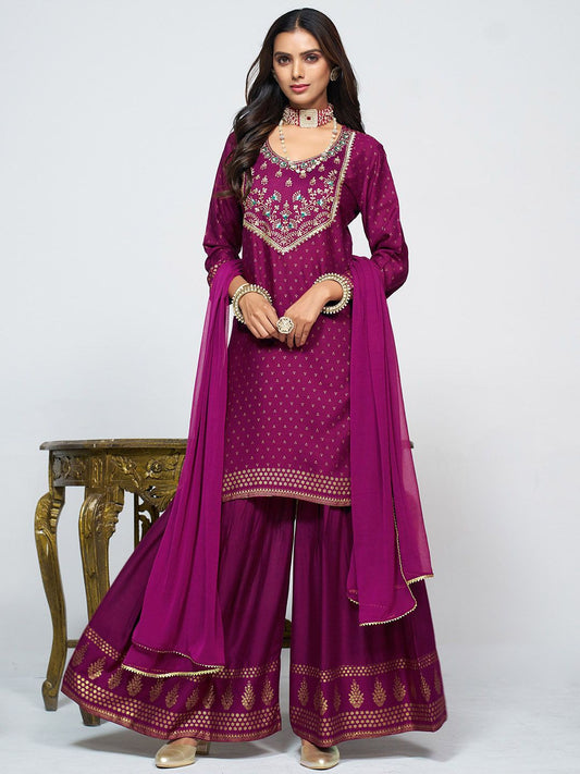 Dhiyona SN Women's Embroidered Round Neck Straight Kurta & Sharara With Dupatta