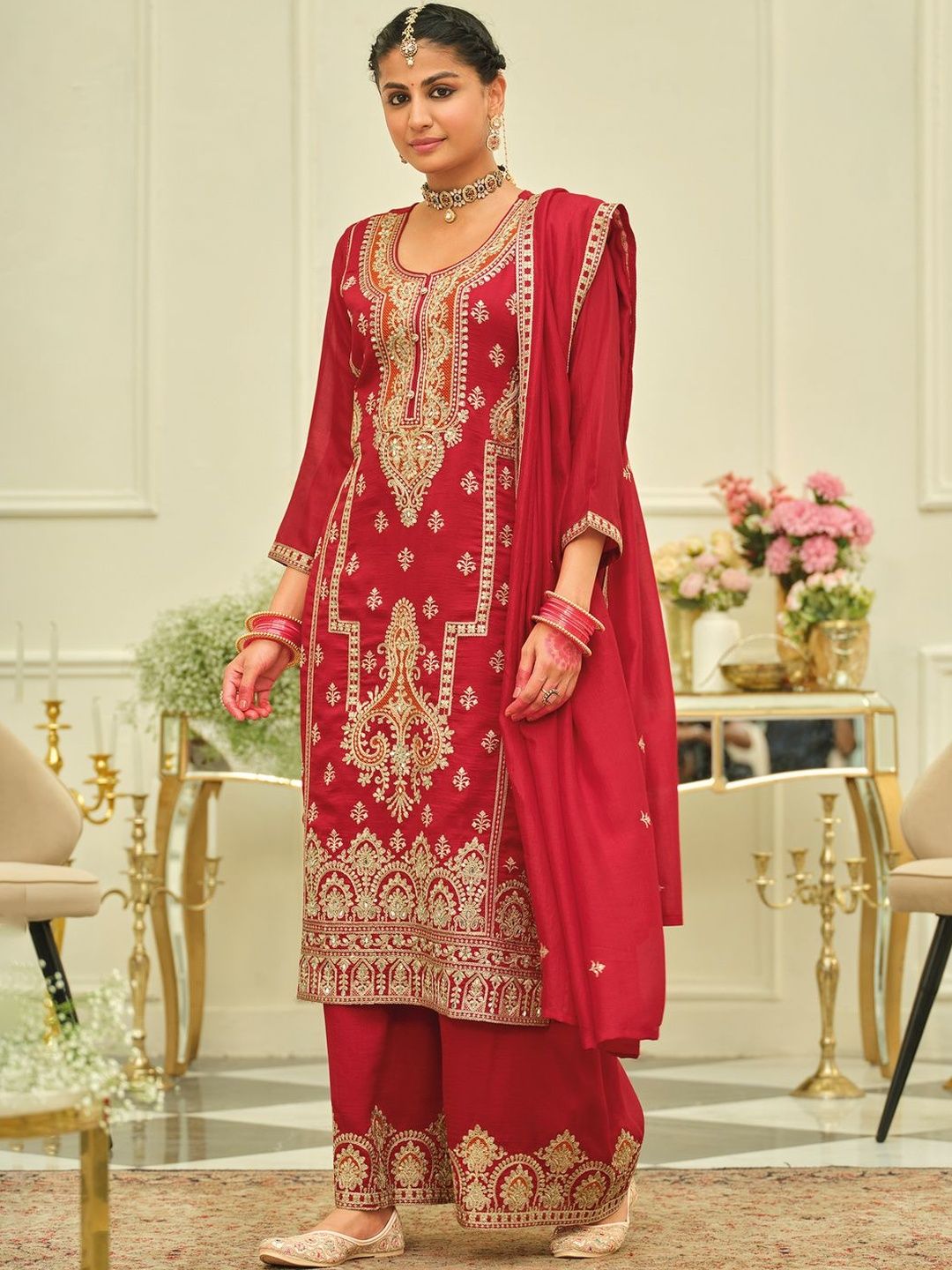 Ethnic Motifs Embroidered Straight Kurta With Palazzos & Dupatta