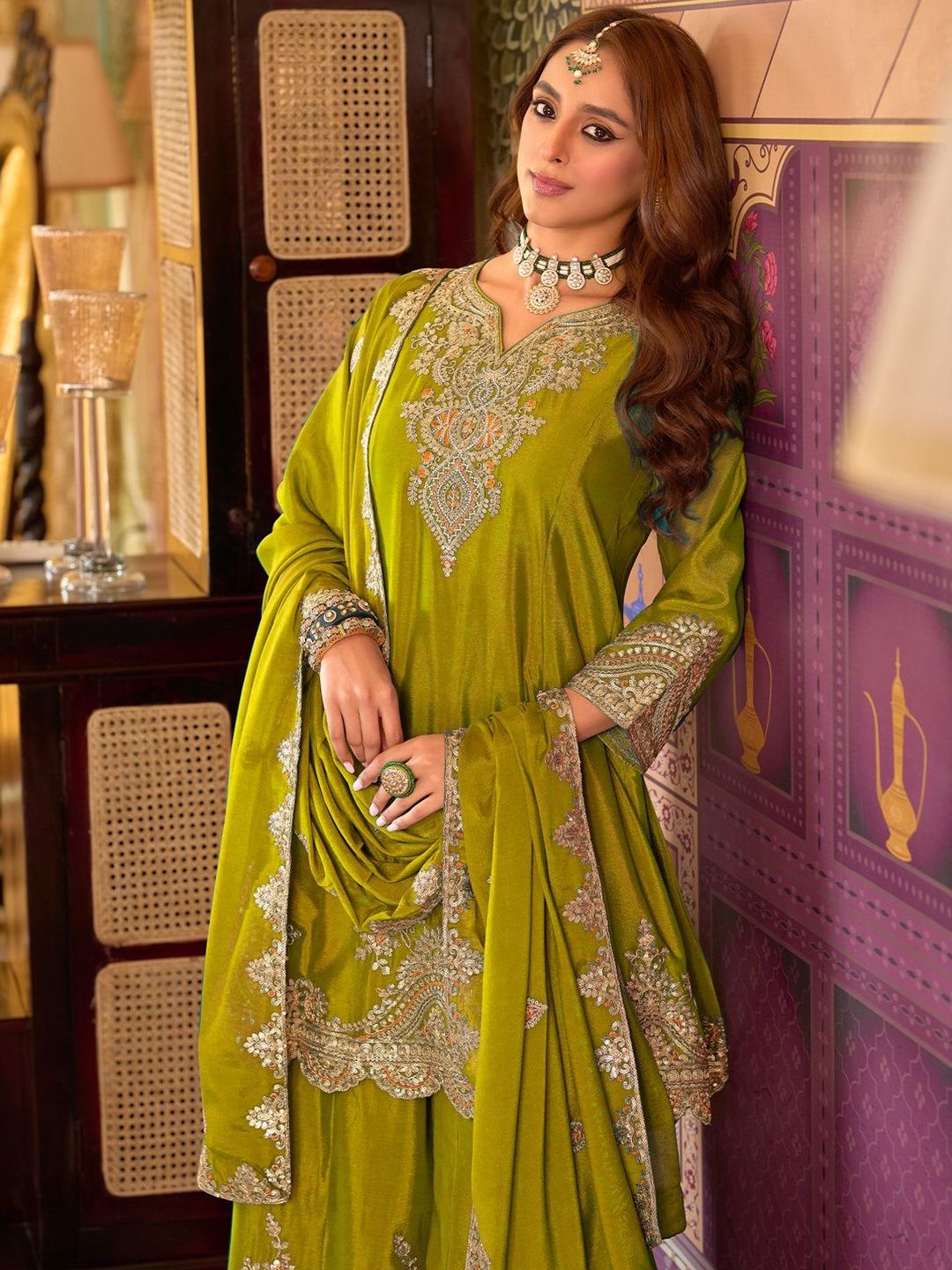 Dhiyona IE Women Ethnic Motifs Embroidered Kurta with Sharara & Dupatta