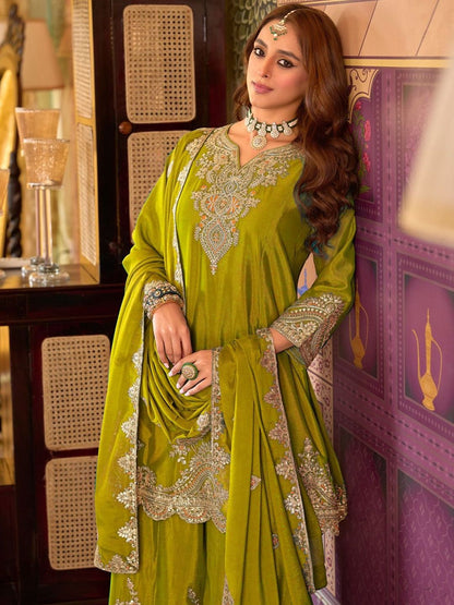 Dhiyona IE Women Ethnic Motifs Embroidered Kurta with Sharara & Dupatta
