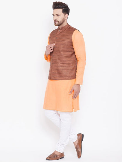 Men's Fawn Cotton Blend Straight Jacket  Kurta and Pyjama Set