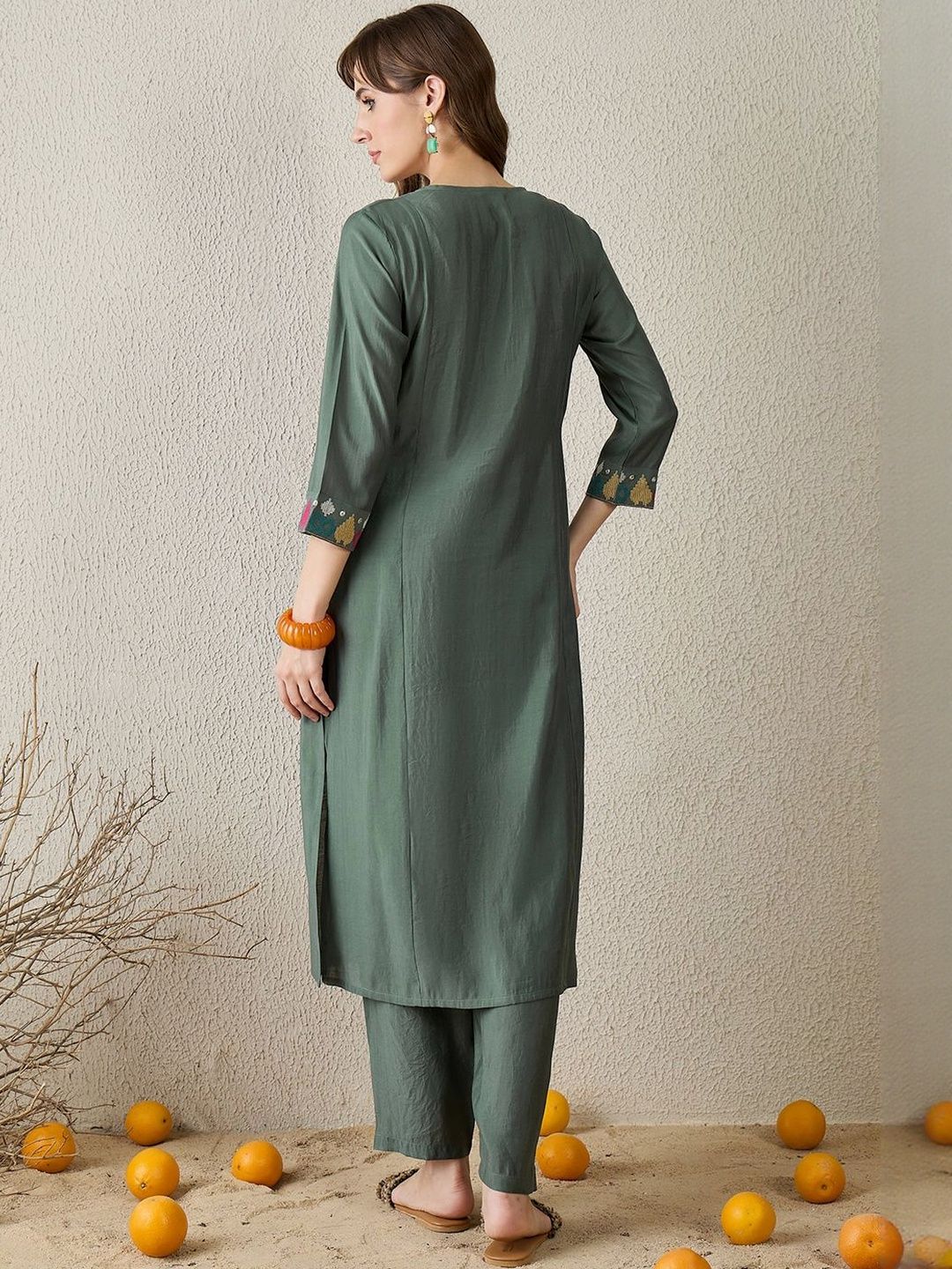 Women Embroidered Regular Thread Work Kurta with Trousers