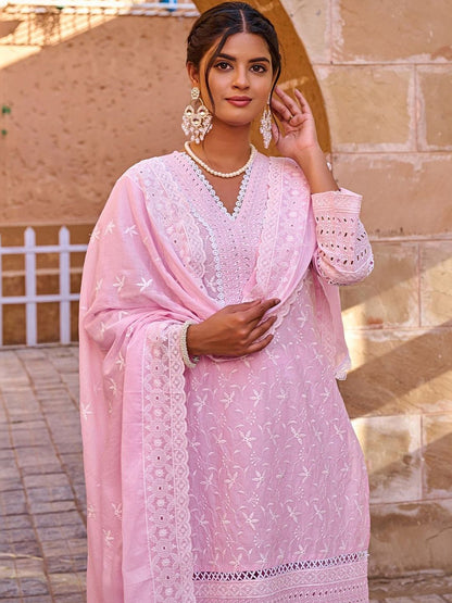 Women Ethnic Motifs Embroidered Regular Thread Work Pure Cotton Kurta with Trousers & With Dupatta