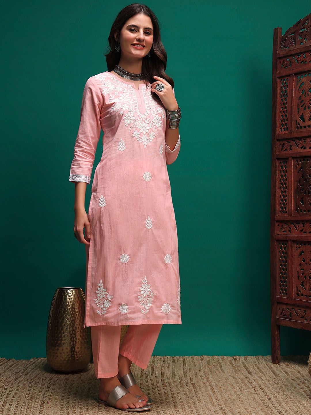 Dhiyona SN Women's Floral Embroidered Cotton Kurta with Trousers & Dupatta