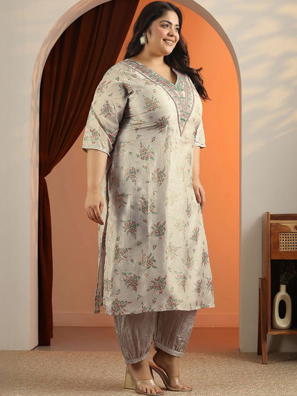 Dhiyona Women's Plus Size Printed V-Neck Straight Kurta With Trousers & Dupatta