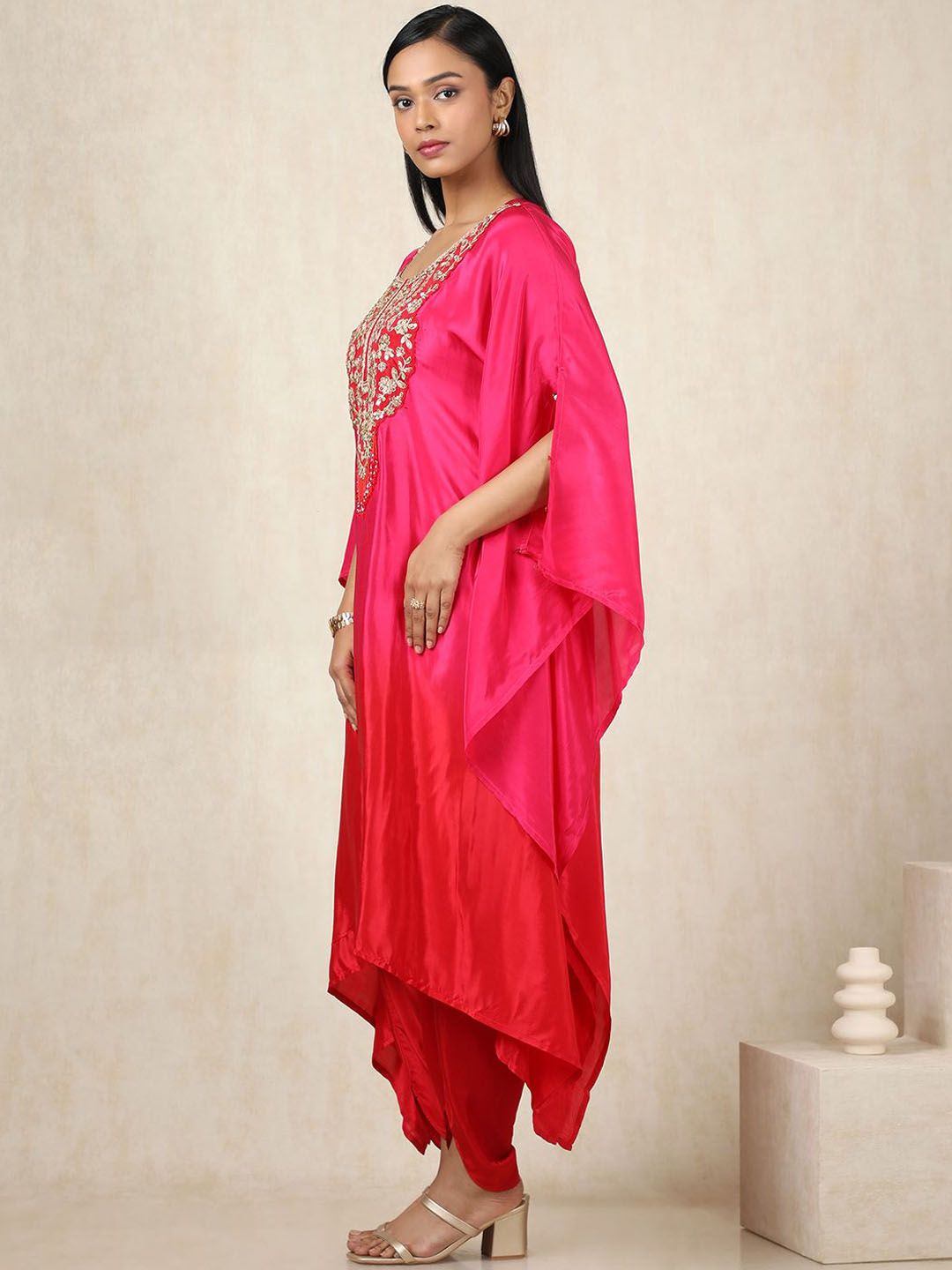 Dhiyona SO Women's Floral Yoke Design Sequinned Silk Crepe Kaftan Kurta With Trouser