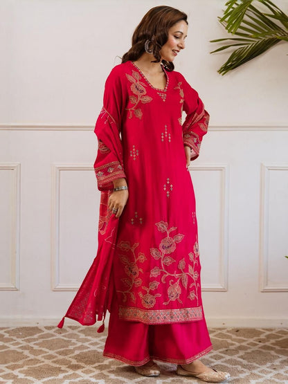 Dhiyona IE Women Floral Embroidered Kurta with Sharara & Dupatta