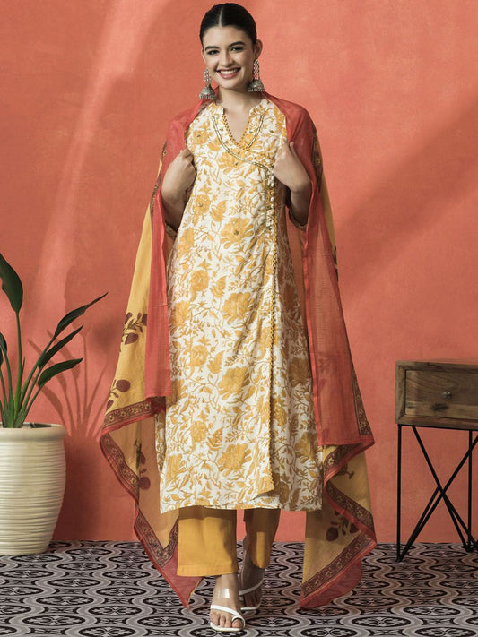 Dhiyona SN Women's Floral Printed Mandarin Collar Pure Cotton A-Line Kurta With Trouser & Dupatta