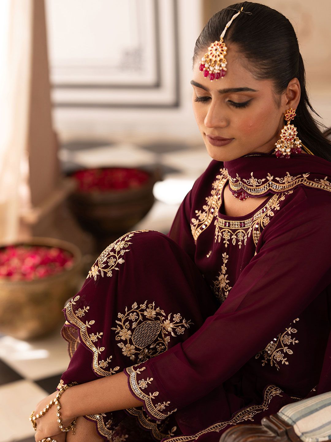 Dhiyona CH Floral Embroidered Mirror Work Georgette Anarkali Kurta with Trousers & Dupatta