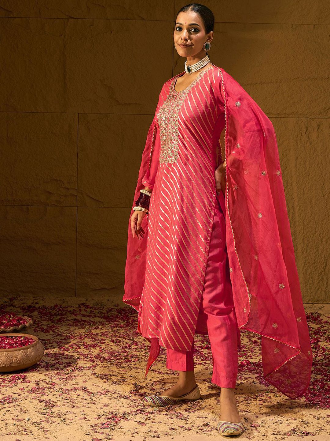 Dhiyona IE Leheriya Embroidered Thread Work Chanderi Silk Kurta With Trousers & Dupatta