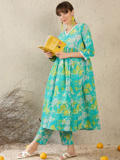 Dhiyona IE Women Printed V-Neck Cotton Top and Trousers Co-Ords