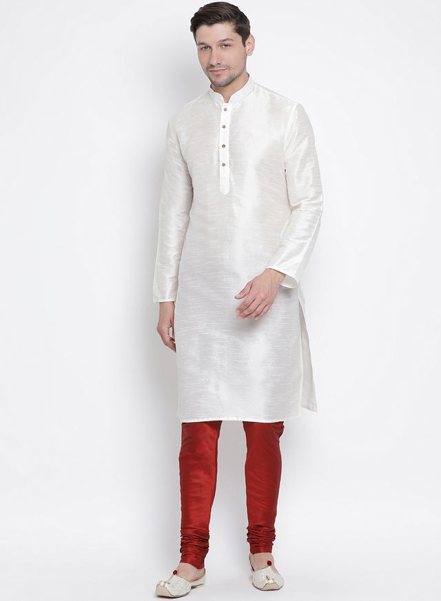 Men's Cream Silk Blend Straight Kurta Pyjama Set