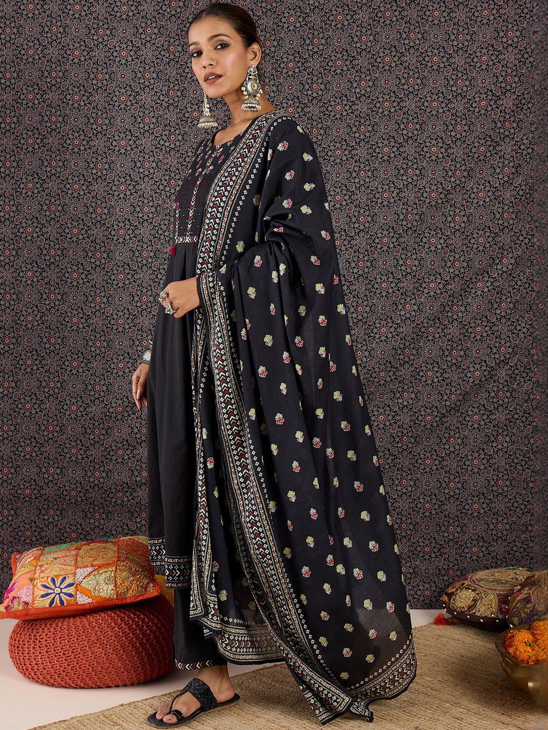 Floral Printed Thread Work Pure Cotton Kurta With Palazzos & Dupatta