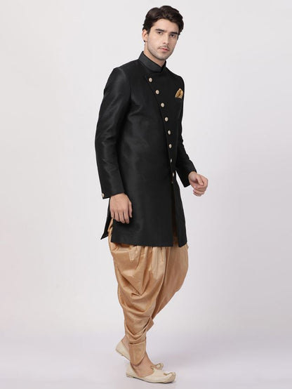 Men's Black Silk Blend Straight Sherwani Set