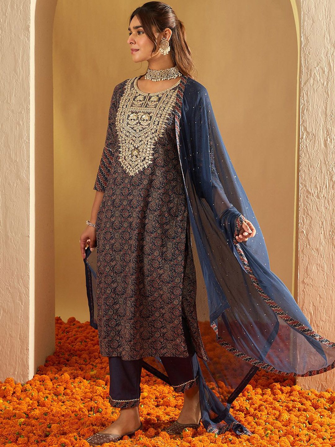 Dhiyona IE Ethnic Motifs Printed Pure Cotton Straight Kurta With Trousers & Dupatta