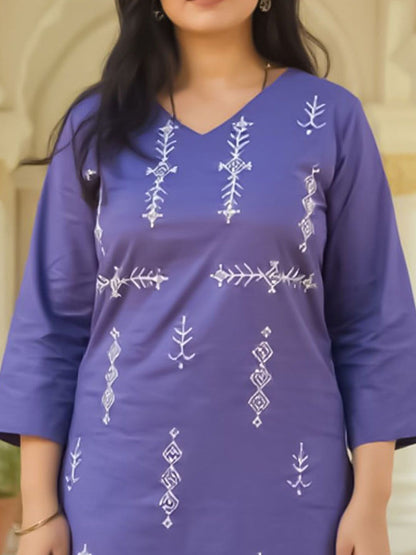Ethnic Motifs Embroidered Thread Work Pure Cotton Straight Kurta With Trousers
