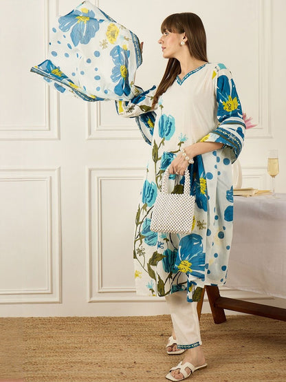 Women Floral Printed Regular Pure Cotton Kurta with Trousers & With Dupatta