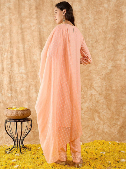 Floral Printed Straight Mirror Work Kurta with Trousers & Dupatta