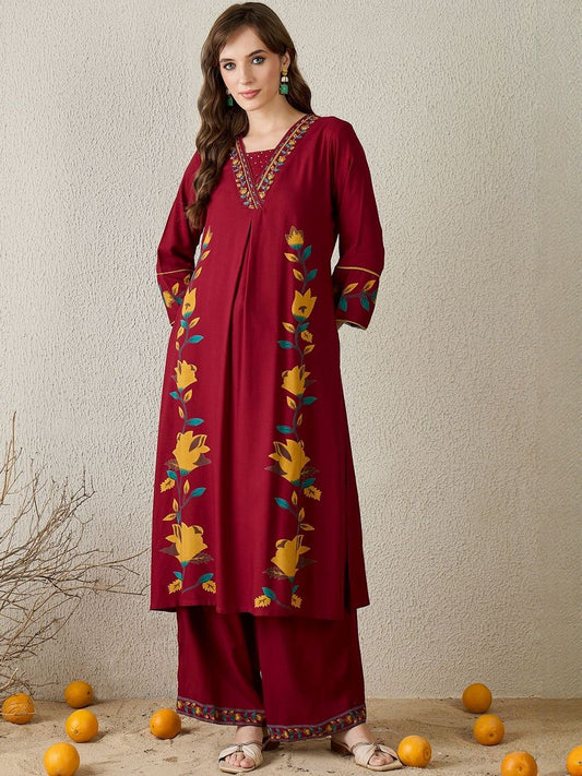 Women Floral Printed Regular Thread Work Kurta with Palazzos