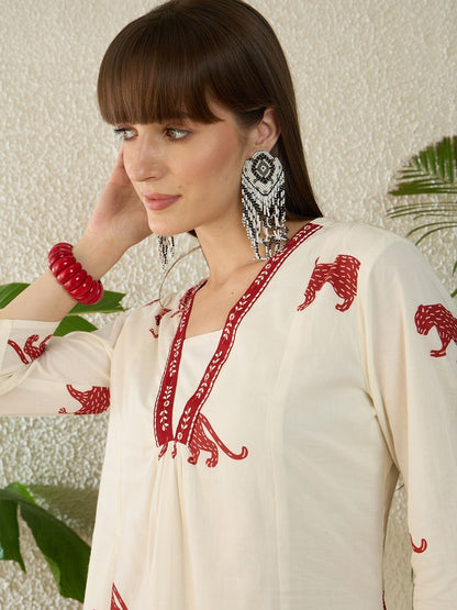 Dhiyona IE Printed V-Neck Three-Quarter Sleeves Pure Cotton Tunic And Trousers