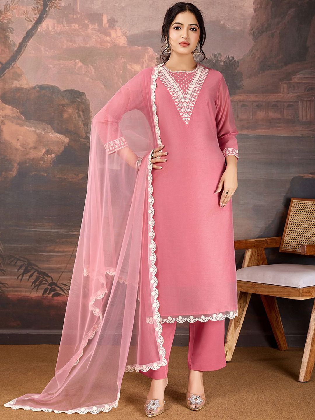Dhiyona PD Women Floral Embroidered Chanderi Cotton Straight Kurta With Trousers & Dupatta