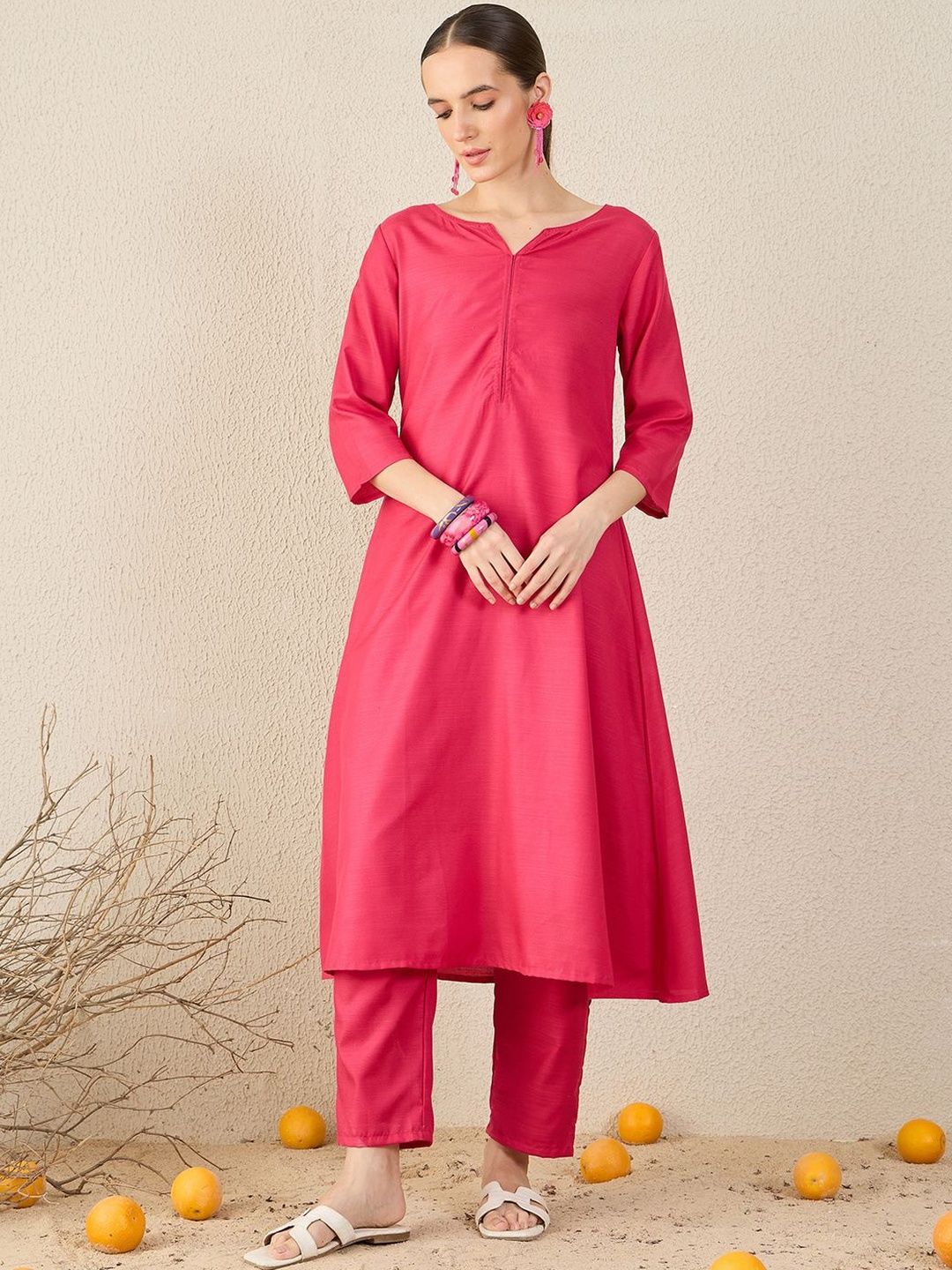 Notch Neck A-Line Kurta With Trousers & Dupatta Set