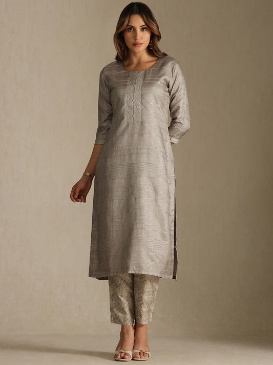 Dhiyona SO Women's Self Design Round Neck Sequinned Straight Kurta With Trousers