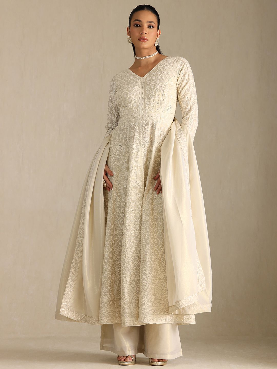 Dhiyona SO Women's Floral Embroidered Beads and Stones Anarkali Kurta with Palazzos & Dupatta