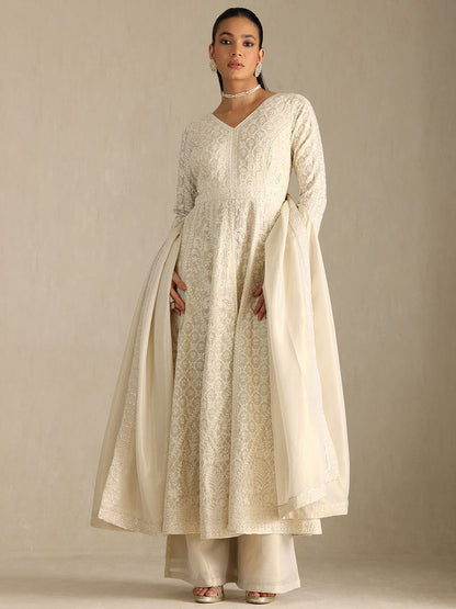 Dhiyona SO Women's Floral Embroidered Beads and Stones Anarkali Kurta with Palazzos & Dupatta