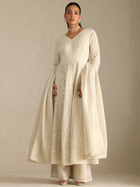 Dhiyona SO Women's Floral Embroidered Beads and Stones Anarkali Kurta with Palazzos & Dupatta