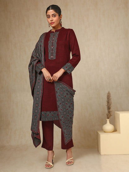 Dhiyona SO Women's Maroon Floral Woven Design Acrylic Straight Kurta With Trouser & Dupatta