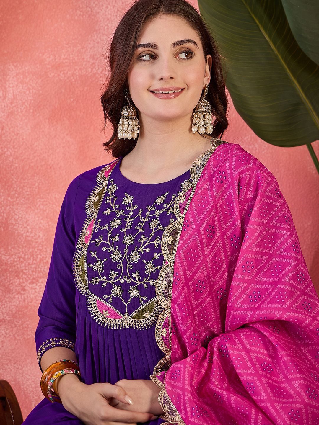 Dhiyona SN Women's Zari Sequence Embroidered Straight Kurta With Trousers & Dupatta