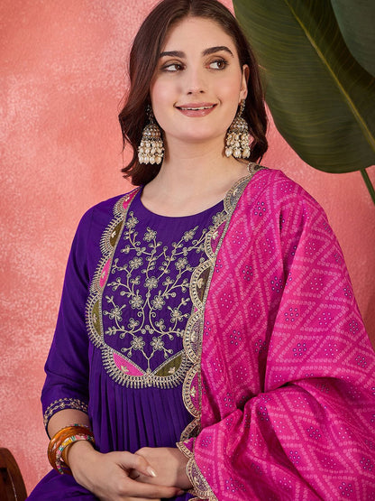 Dhiyona SN Women's Zari Sequence Embroidered Straight Kurta With Trousers & Dupatta