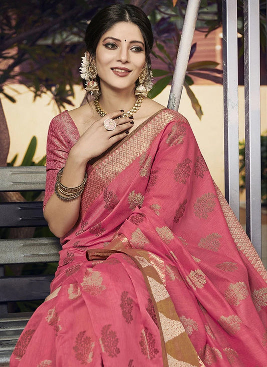 Dhiyona GR Women's Yashomati Blush Pink Zari Woven Design Chanderi Cotton Saree