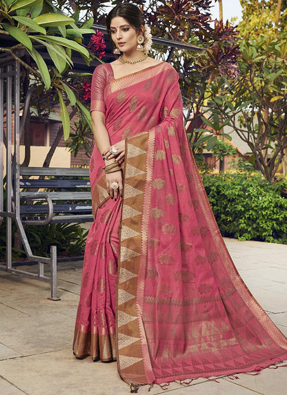 Dhiyona GR Women's Yashomati Blush Pink Zari Woven Design Chanderi Cotton Saree