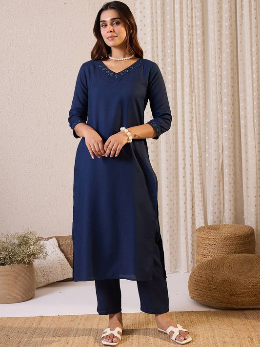 Floral Yoke Design V-Neck Sequinned Straight Kurta & Trousers